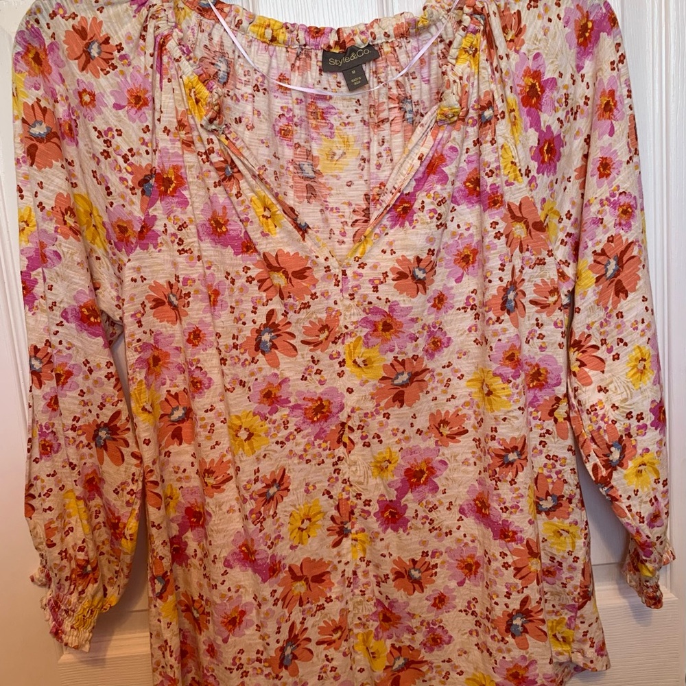 Style & Co. Pink Floral Tie-Neck Peasant Blouse